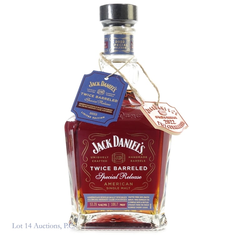 Jack Daniel's Twice Barreled SM Whiskey (2022): Jack Daniel's Twice Barreled Special Release American Single Malt Whiskey (2022), 106.7 Proof, 700 ml, Bottled: 10-12-22, Barrel #22-08696, Bottle #ASM-16208.