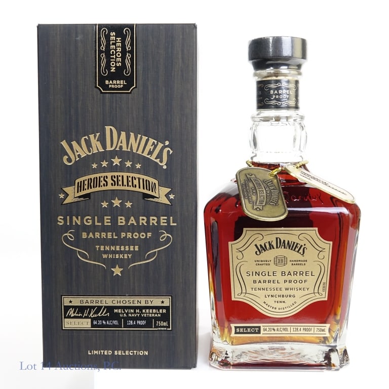 Jack Daniel's Heroes Selection BP Tenn. Whiskey: Jack Daniel's Heroes Selection Barrel Proof Single Barrel Tennessee Whiskey (2021), 128.4 Proof, 750 ml, Heroes Selection chosen by Melvin Keebler. Bottled: 06-15-21, Barrel #21-05597. Box included.