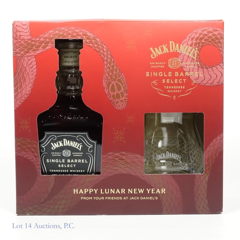 Jack Daniel's 2025 Lunar New Year Whiskey Gift Set: Jack Daniel's Single Barrel Tennessee Whiskey (2024), 94 Proof, 750 ml, Bottled: 10-23-24, Barrel #24-09794. Gift set commemorates the 2025 Lunar New Year, Year of the Snake, gift set includes a custo