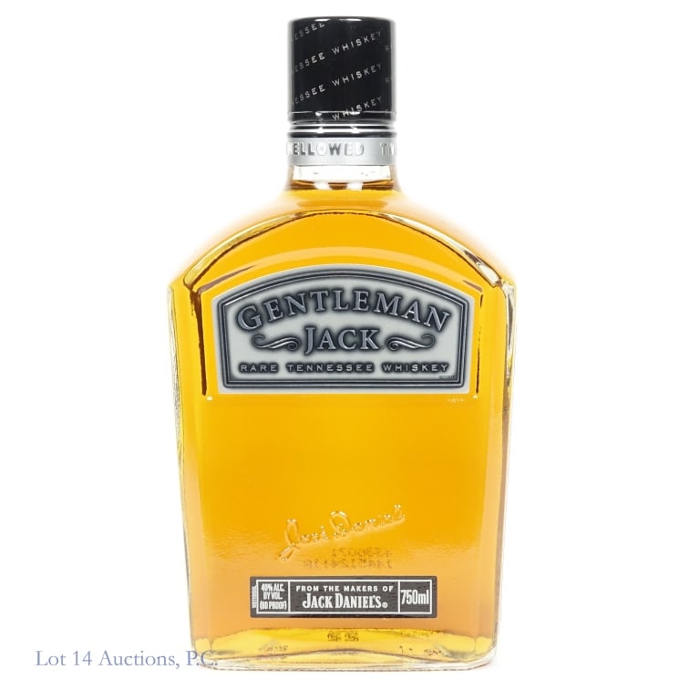 Gentleman Jack Rare Tenn. Whiskey Gift Set: Gentleman Jack Rare Tennessee Whiskey, 80 Proof, 750 ml. Gift set includes two custom Gentleman Jack rocks glasses. Box included to house full set, upper lid of box slightly creased but in fair condit