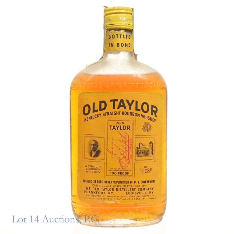 1973 Old Taylor Bottled-In-Bond Bourbon (1 Pint): Old Taylor Bottled-In-Bond Bourbon, 100 Proof, 1 Pint, Bottled: Fall 1973, Made: Fall 1967. Tax strip worn and torn but intact overall, neck label also torn. Fill at shoulder level, sediment visible i