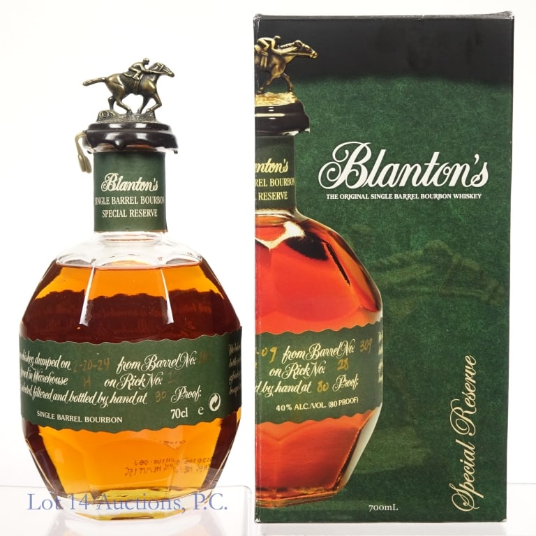 Blanton's Green Label Single Barrel Bourbon "L"**: Blanton's Green Label Single Barrel Bourbon, 80 Proof, 700 ml, Letter L, Dump Date: 02-20-24, Barrel #281, Bottle #117, ****Severe damage to wax seal including missing portion above plastic tabs. Wax 