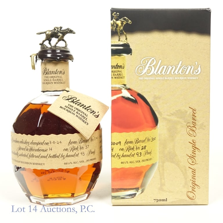 Blanton's Single Barrel Bourbon "N#2"*: Blanton's Single Barrel Bourbon, 93 Proof, 750 ml, Letter N#2, Dump Date: 08-08-24, Barrel #540, Bottle #65. Small vertical crack in wax seal in wax seal near plastic tab, wax overall is intact and in