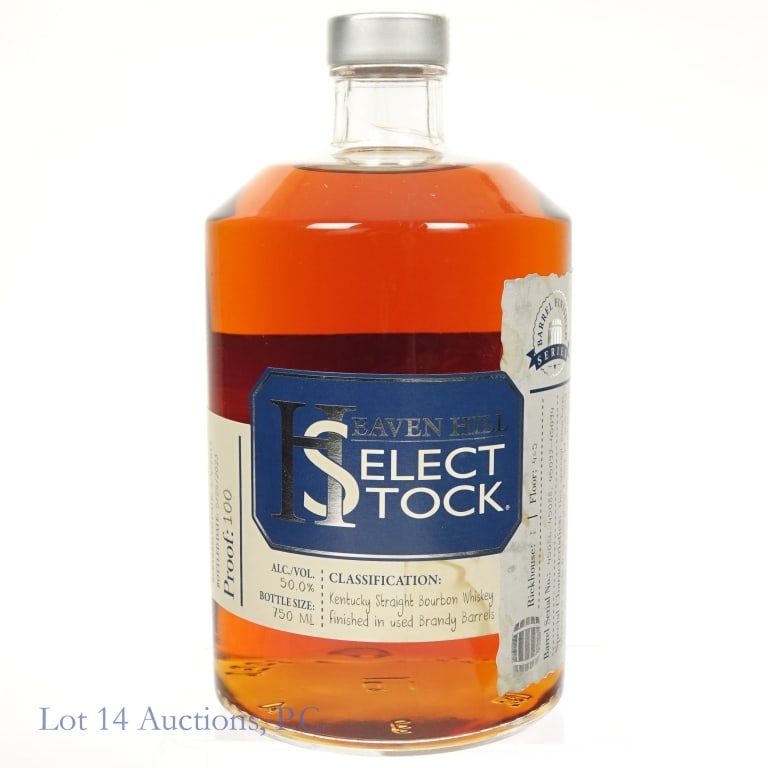 Heaven Hill Select Stock Brandy Barrel Bourbon: Heaven Hill Select Stock Bourbon (2023), 100 Proof, 750 ml, barrel finish series, finished in Brandy barrels, Barrel #45086-45088, 45092-45094. Bottled: 05-25-23, Re-barreled: 04-04-18. Front labels s