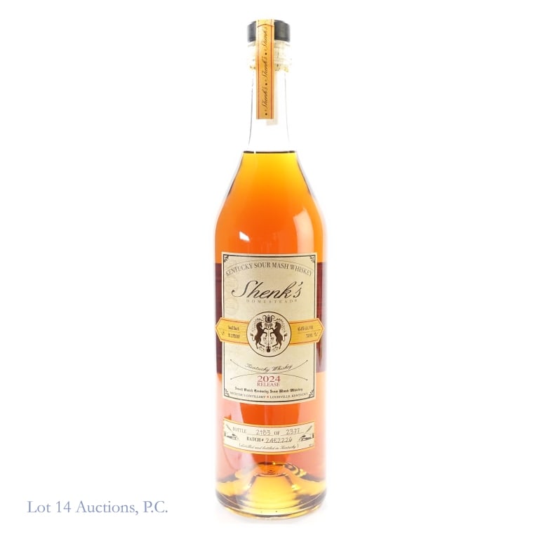 Shenk's Homestead Small Batch Whiskey (2024): Shenk's Homestead Small Batch Sour Mash Whiskey (2024), 91.2 Proof, 750 ml, Batch #24E2226, Bottle #2183 of 2377.