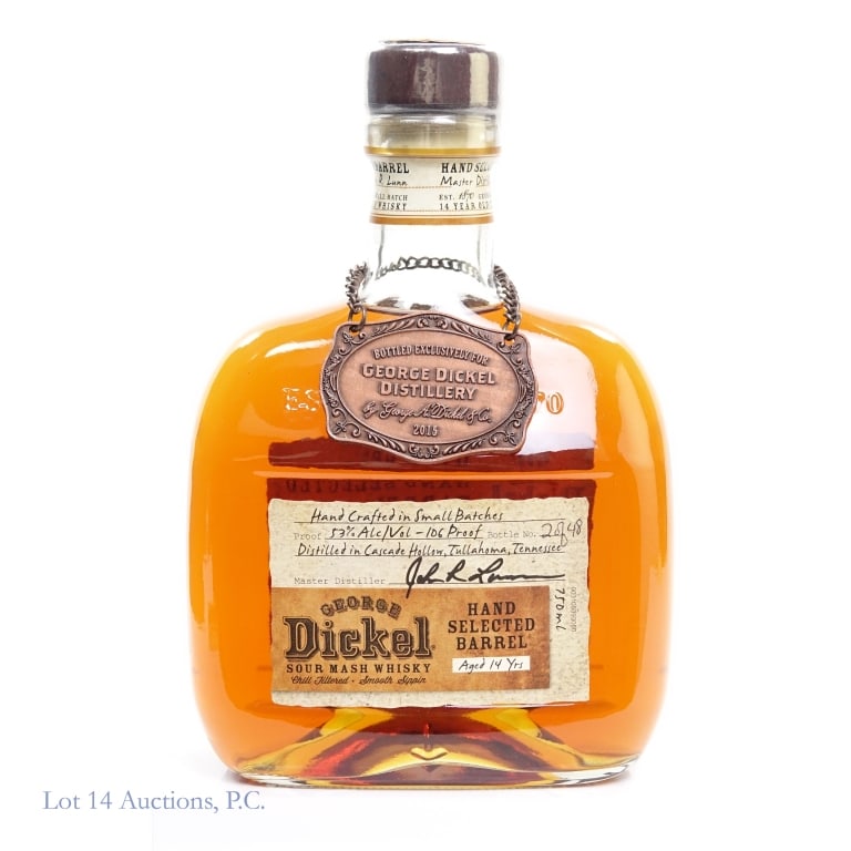 George Dickel 14 Year Small Batch Sour Mash Whisky: George Dickel 14 Year Small Batch Sour Mash Whisky, 106 Proof, 750 ml, bottled exclusively for George Dickel Distillery (2015), bottle #2 of 48.
