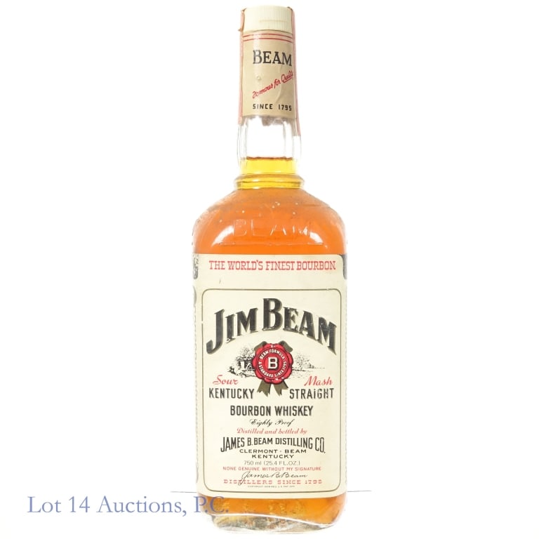 1970s Jim Beam 4 Year Bourbon: Jim Beam 4 Year Bourbon, 80 Proof, 750 ml, early 1960s-late 1970s tax strip, "77" glass molding.