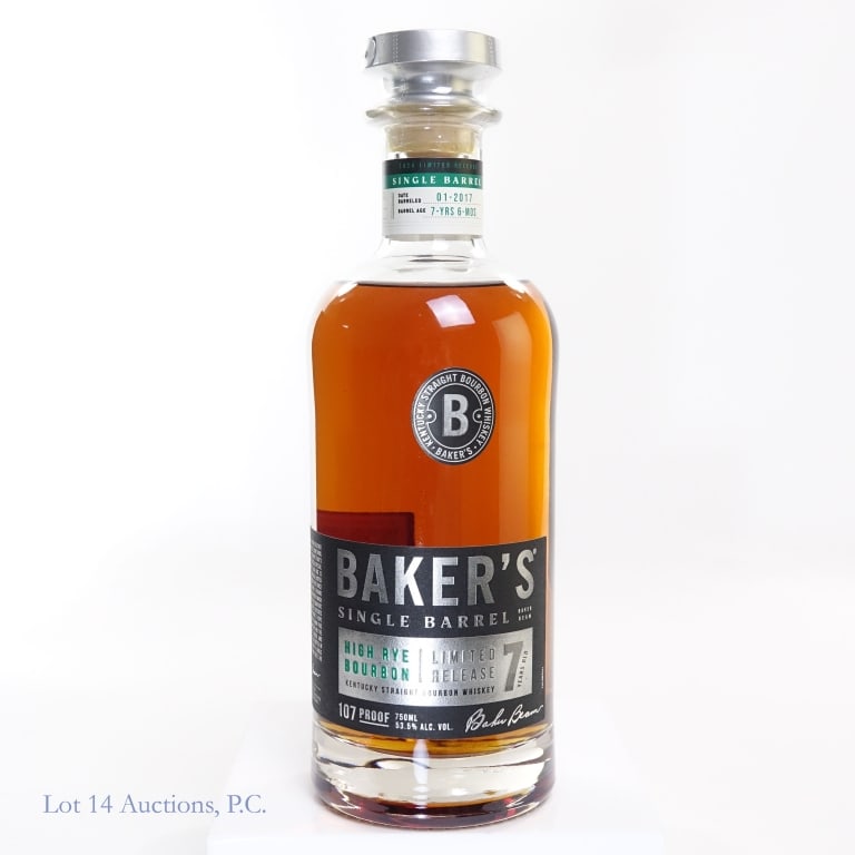 Baker's 7 Year SB High Rye Bourbon: Baker's 7 Year Single Barrel Limited Release High Rye Bourbon, 107 Proof, 750 ml, Barreled: January 2017, Aged: 7 Years, 6 Months.