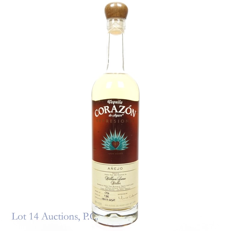 Corazon Expresiones William Larue Weller Tequila: Corazon Expresiones William Larue Weller Barrel Tequila, 80 Proof, 750 ml, Bottled: 09-17-21, Barrel #12, Bottle #135, Aged: 26 Months in William Larue Weller Bourbon barrels. Please note that plastic