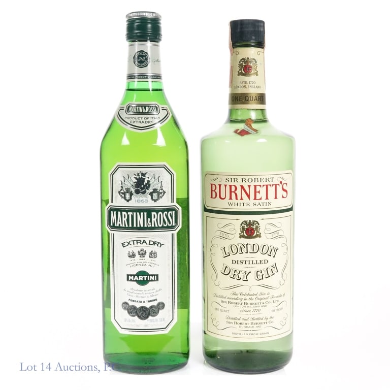 60s/70s Burnett's Gin & Martini & Rossi Vermouth: 2 bottles total in this lot. 1-Sir Robert Burnett's London Distilled Dry Gin, 90 Proof, 1 Quart, early 1960s-late 1970s bottling. Tax strip badly worn and torn through on one end but intact overall. 2