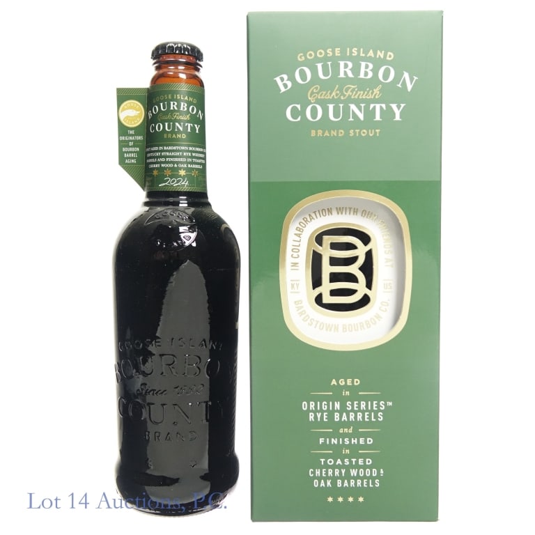 Goose Island Cask Finish Bourbon County Stout 2024: Goose Island Cask Finish Bourbon County Stout (2024), 16% ABV, 1 Pint, .9 Ounces, collaboration with Bardstown Bourbon Company. Aged: Up to 5 Years in origin series rye barrels, finished in toasted ch