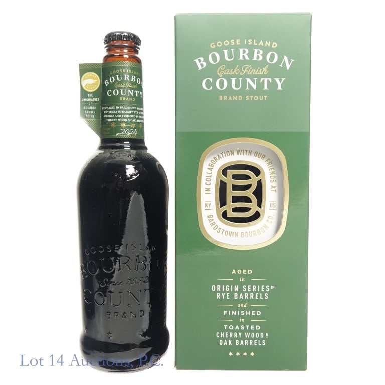 Goose Island Cask Finish Bourbon County Stout 2024: Goose Island Cask Finish Bourbon County Stout (2024), 16% ABV, 1 Pint, .9 Ounces, collaboration with Bardstown Bourbon Company. Aged: Up to 5 Years in origin series rye barrels, finished in toasted ch