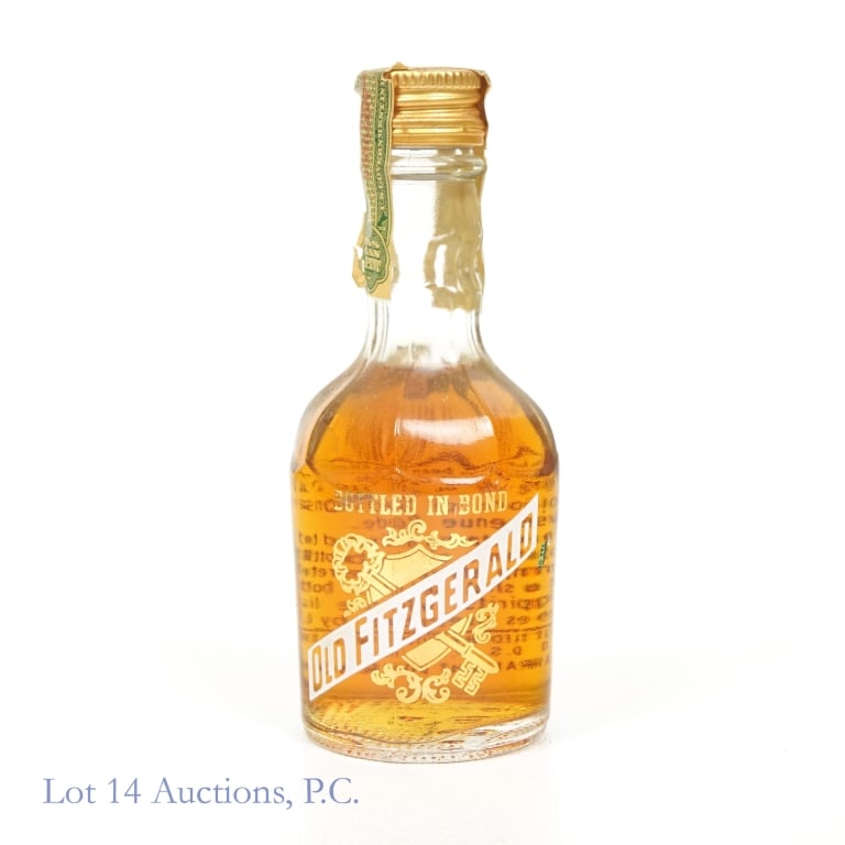 1966 Old Fitzgerald BIB Bourbon Mini Stitz-Weller: Old Fitzgerald Bottled-In-Bond Bourbon Mini, 100 Proof, 1/10 Pint, Bottled: Fall 1966, Made: Spring 1960, Stitzel-Weller distilled. Tax strip torn but intact overall and in fair condition for age.