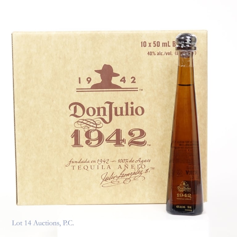 Don Julio 1942 Anejo Tequila Mini Set (10, 50 ml): 10 mini bottles total in this set. Don Julio 1942 Anejo Tequila Mini, 80 Proof, 50 ml (x10). Original box included to house full set.
