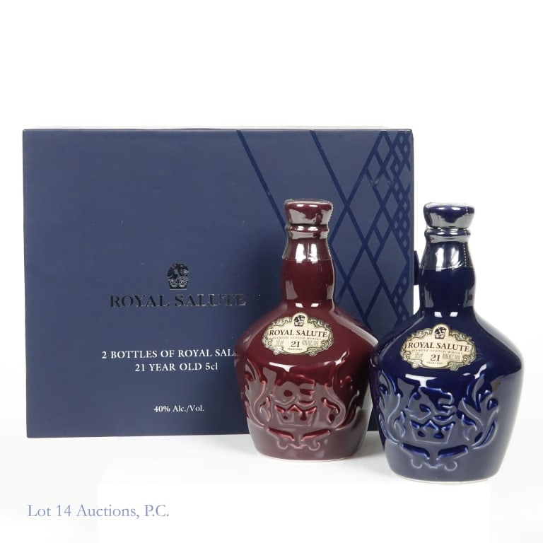 Chivas Regal Royal Salute Mini Set (2): 2 mini bottles in this gift set including: Chivas Regal 21 Year Royal Salute Blended Scotch Mini, 80 Proof, 50 ml (x2). One red bottle, one blue. Case included to house both bottles.