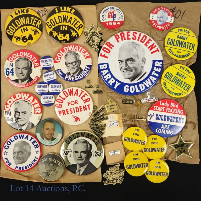 1964 USA Goldwater Presidential Campaign Items -65: Approximately sixty-five (65) 1964 United States Barry Goldwater for president campaign items in various shapes, sizes, colors and themes. Includes: ---6 inch rwb Goldwater with portrait pin; ---4 inc