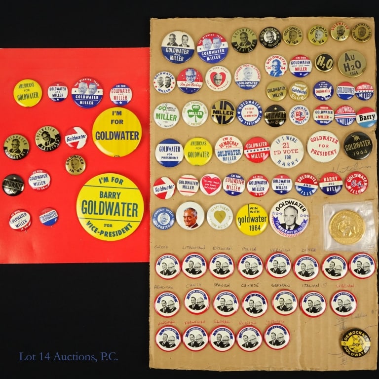 1964 USA Goldwater Campaign Buttons/Items (80+): More than eighty (80+) United States Barry Goldwater for president campaign items. ***Lot 14 Auctions is not a professional political items grading agency. Consigner descriptions are provided as a cou