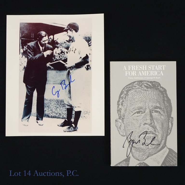 Pres. George H.W. & W Bush Autographed Items (2): Two (2) U.S. Presidents George H. W. and W. Bush autographed items as follows: ---1948 President George H W Bush "Cy Bush" autograph Yale University baseball picture (kodak professional paper copyrigh