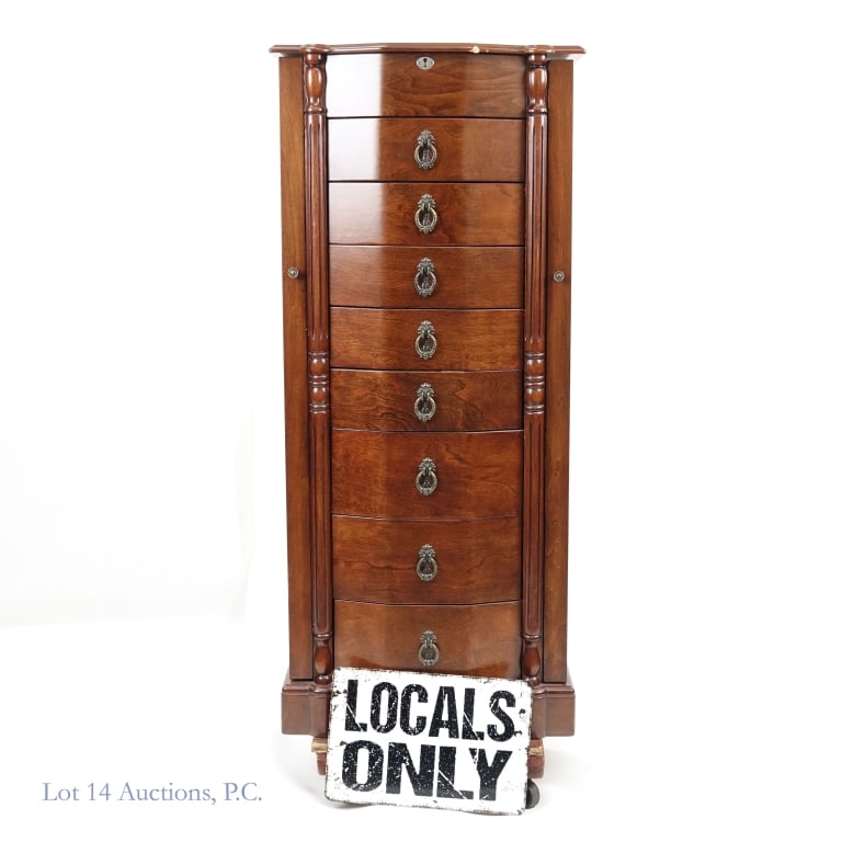 Tall Floor Model Jewelry Chest (LOCAL PU ONLY): *** This lot is for local pick up only. Lot 14 Auctions will NOT ship this item *** Jewelry chest / armoire. Approximately 18" x 12" deep X 41"tall. 8 drawers. Hinged mirror lid. Key for lock present.
