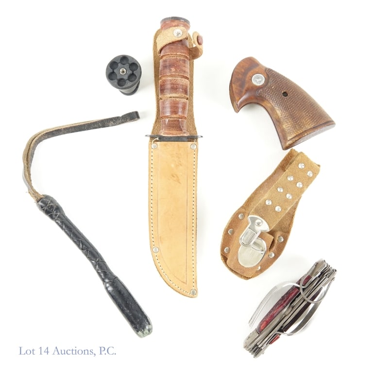 Ka-Bar Style Knife, Colt Grips, Bludgeon, Tool: Ka-Bar style fighting knife with stacked leather handle and leather sheath (marked "Japan"). Blade has been polished / ground but the words "Solingen" and "Japan" can still be found, under magnificati