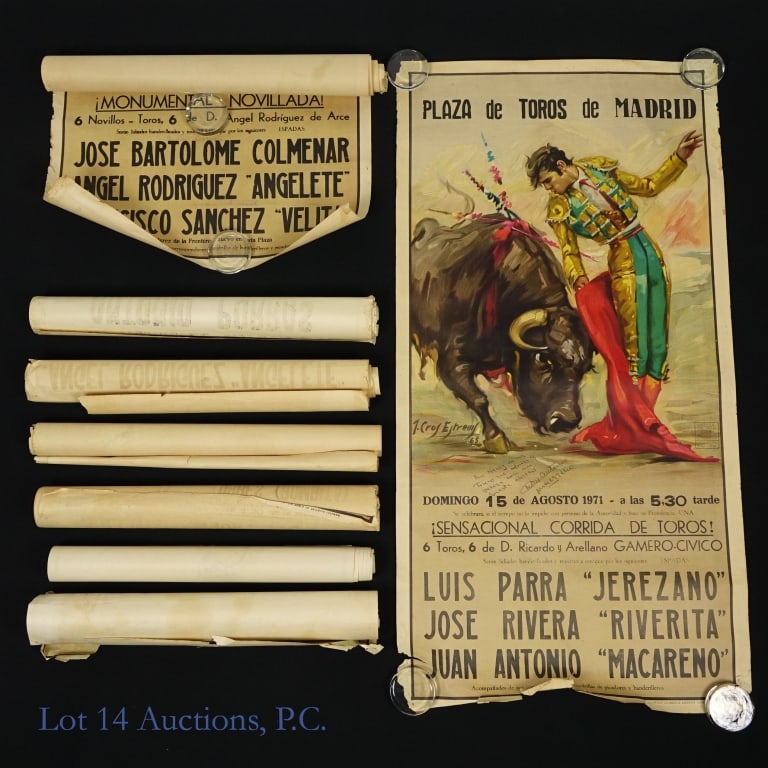 1970s Bullfighting Posters, Some Signed (8): Bullfighting Posters, Some Signed (8). Eight (8) Spanish bullfighting posters circa 1970's, five (5) are signed. Signatures: 1 - Jaoquin Bernardo, Luis Parra Jerezano, Jose Manuel Tinin; 2 - Juan Anto