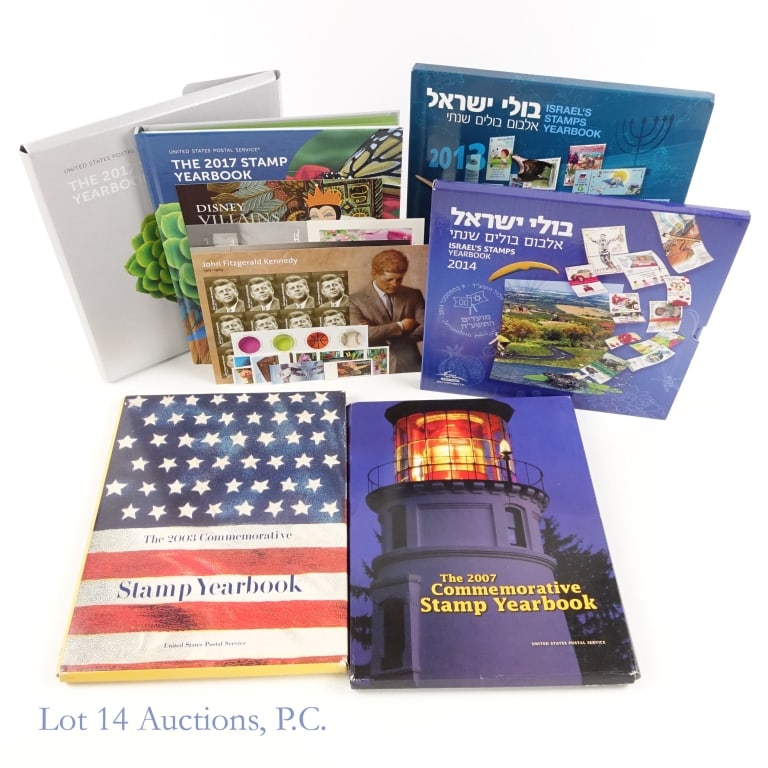 USA & Israel Stamp Yearbooks (5): Five (5) United States Postal Service and Israel commemorative postage stamp yearbooks in OGP. United States: ---2003 USPS stamps (face value $24); ---2007 USPS stamps (face value $35); and ---2017 US