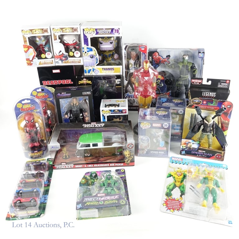 Marvel Funko, Action Figures etc. NIB (21): Marvel Funko, Action Figures etc. NIB (21). All items New In Box with minimal to no shelf wear. Q fig Max - Deadpool X Unicorn. Legends Series: Infinity Saga Thor (fat thor); Frog-Man; Defender Strang