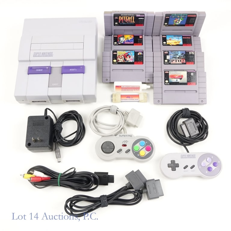 Super NES Console & 7 Games: Super Nintendo Entertainment System (NES) control deck (model SNS-001). Per consigner, tested and working. Includes power adapter, patch cords, cart cleaning kit, two controllers (1 Nintendo, 1 Superp