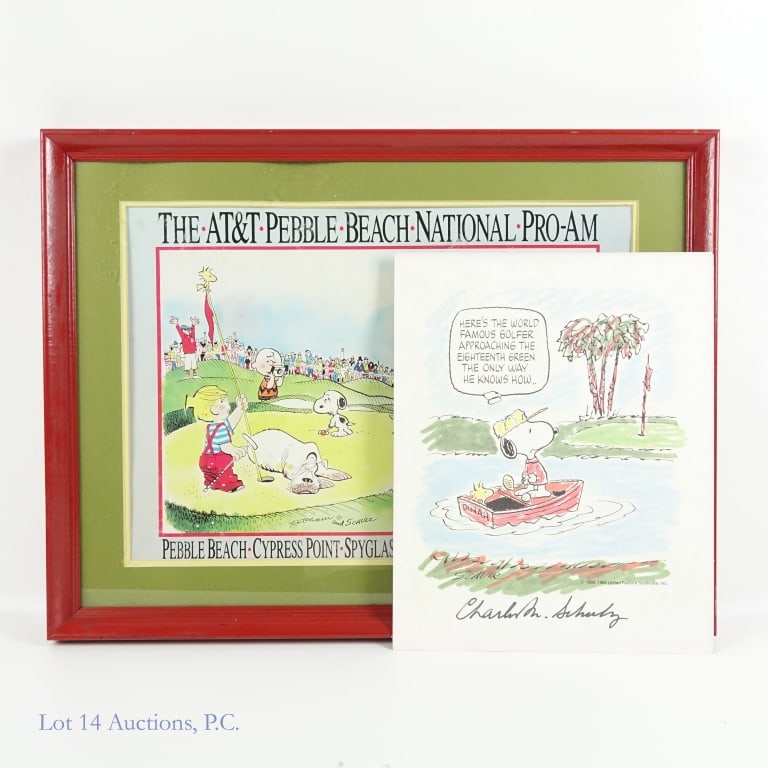 1965 Charles Schulz Signed Peanuts Print & More: 1965 United Feature Syndicate Charles Schulz Autographed Peanuts Print & 1990 AT&T Pebble Beach Pro-Am Peanuts Lithograph Print (2 Pieces Total - Only 1 Signed). (Print = 12X15 / Framed Lithograph = 2