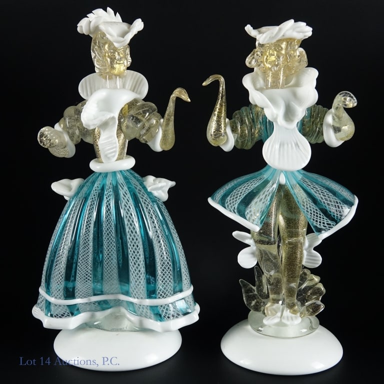 Murano Dancer Figurines 9" (2): Murano Dancer Figurines 9" (2). For Local Pick Up or Third Party Shipping Only. Two (2) 9" Murano glass art sculptures of male and female dancers with labels on base. Total weight - 2# 1 oz. No notice