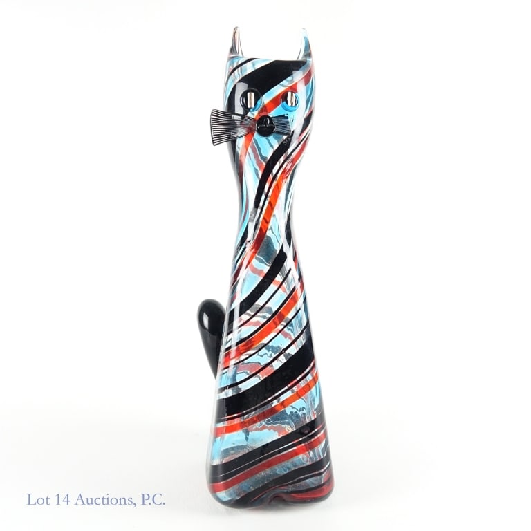 Bianconi Cat Vase, Glass Art, 17" *: Bianconi Cat Vase, Glass Art, 17". Local Pick Up or Third Party Delivery Only. Per consigner, 17" blue, black and red Bianconi cat shaped vase. Made in Italy sticker on side. Total weight - 6" 4 oz. O