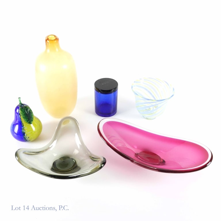 Glass Art Assortment (6): Glass Art Assortment (6). For Local Pick Up or Third Party Delivery Only. Items included: 11.5" vase, possibly 1920's. 4" x 9" Holmegaard smoke colored glass bowl. 4.5" x 6" Lindshammar '96 Christel K