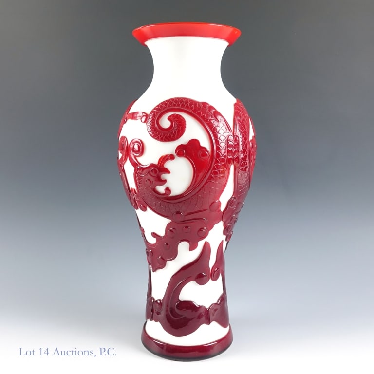 Chinese Peking Ruby Red Overlay Large Glass Vase: Chinese Peking Ruby Red Overlay Large Glass Vase - Cameo ruby red overlay to white glass featuring two dragons. 13.75" tall, 4.6" top diameter, 4.25" base diameter. Weight: 5Lbs, 2.3oz (2.33kg). Opaqu