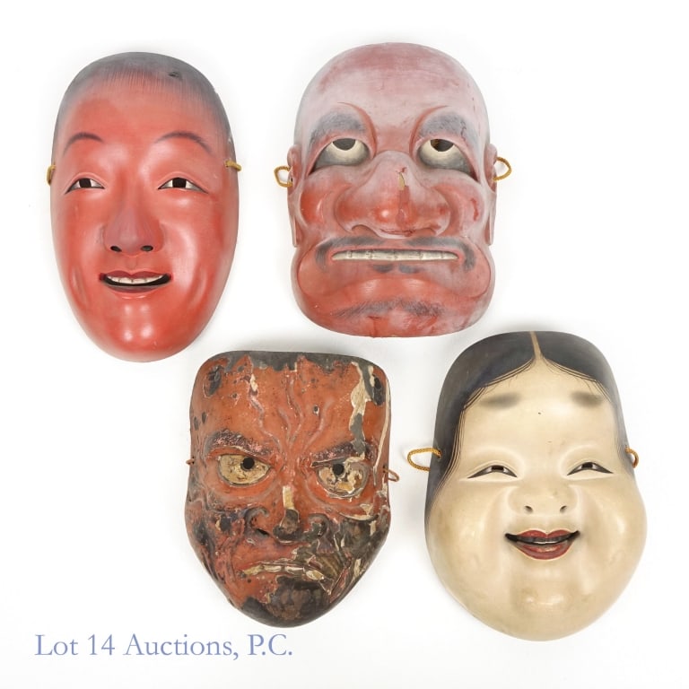 Wood Carved Japanese Noh Masks (4): Wood Carved Japanese Noh Masks (4). Four 7"- 8" wood carved Japanese Noh theater masks. Some cracking paint, most of which is centralized on a demon looking fella. A few small cracks. See photos for m