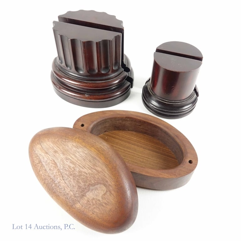 W. K. Cowan Mahogany Bookends and More: W. K. Cowan Mahogany Bookends and More. Selection of wood items perfect for a distinguished study or office. W.K. Cowan mahogany bookends 5.5" x 7" x 3". 4.5" x 4" x 2" bookends, also believed to be m