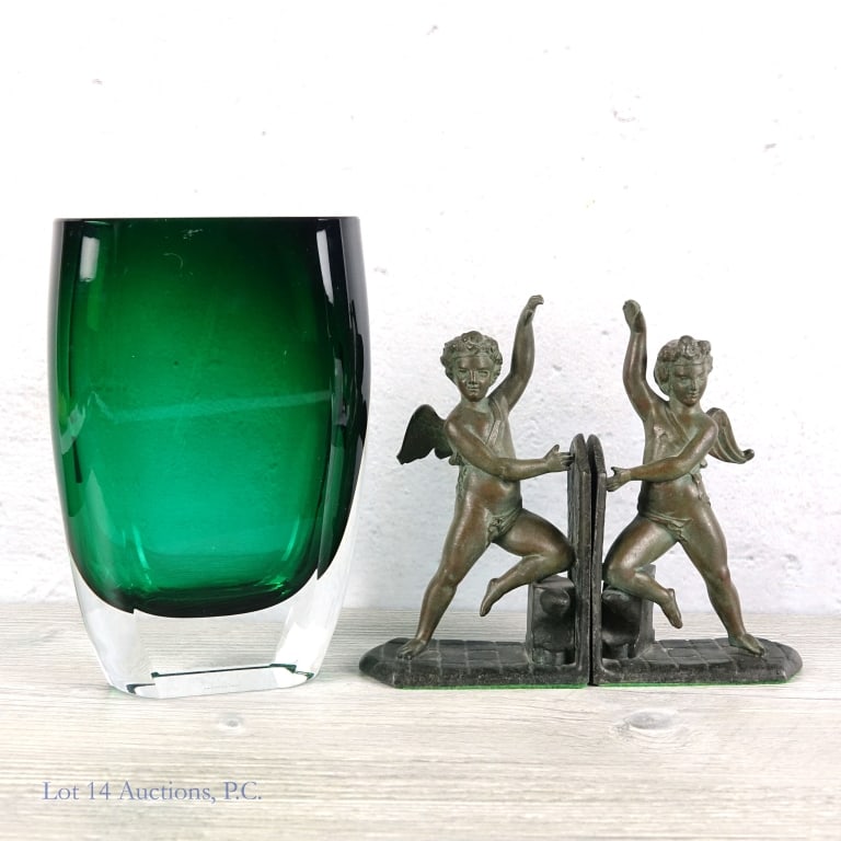 Block Glass Vase & Bronze Bookends ***: Block glass vase. 6.25" tall x 4" x 2". Weight: 2.2 pounds (1 kg). No chips or cracks noted. ***** Pair of angel / cherub bronze bookends ***NOTE: one wing on one bookend is missing its tip. *** Appro