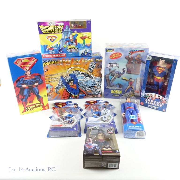 Superman Figures & Collectibles NIP 9 Pcs.: Nine (9) collectible Superman toys and figures, all in their original packaging, most are sealed. 2003 Justice League Superman figure B4951, 10". 1996 Hasbro Microverse Metropolis Micro Playset. Spinm