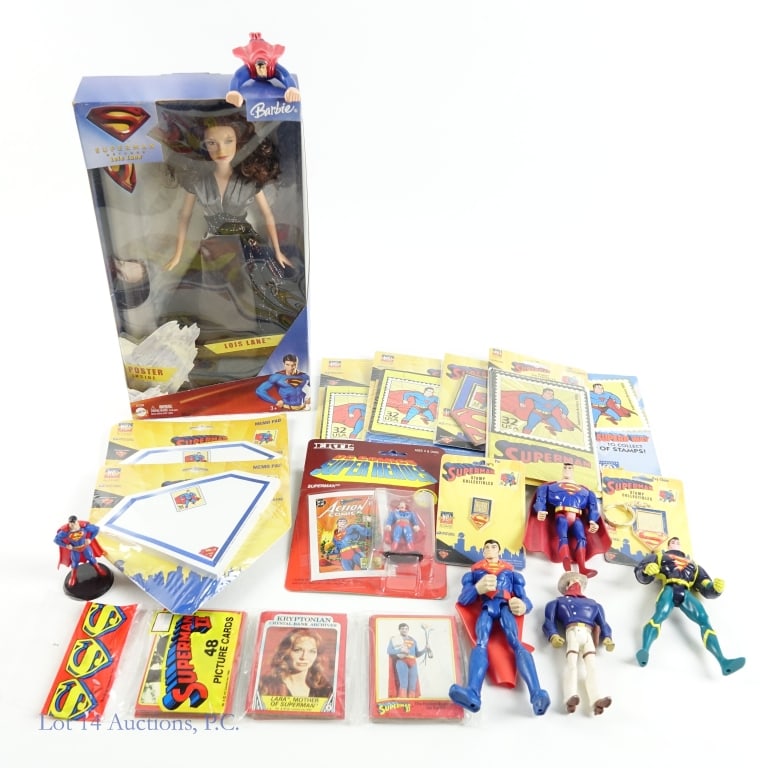 Lois Lane Barbie & Superman Collectibles: Lois Lane Barbie - 2005 Mattel, in original package. Six out of package Superman figures. Supermand stamp collectibles, trading cards, puzazles in original packaging. Please see photos for details.