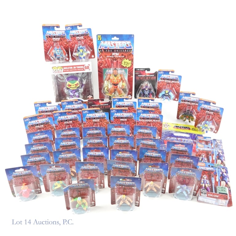 Masters of the Universe Figures, NIB (+45): Masters of the Universe Figures, NIB (+45). All items New in Box with varying states of shelf wear. Skeletor on Throne 68 Funko, Target Con 2021 limited edition exclusive. New for 22 Jitsu figure. Ove