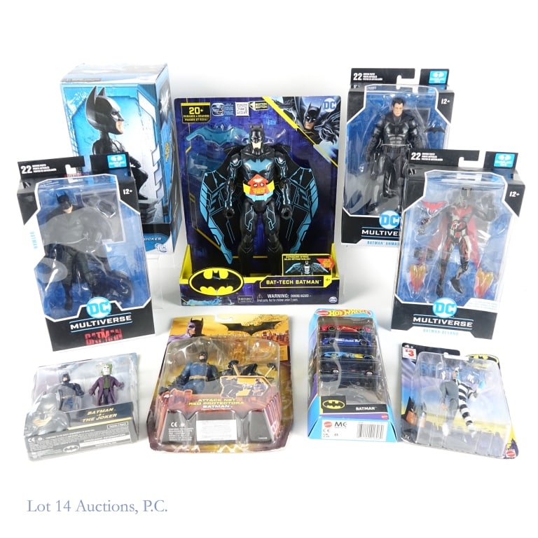 Batman Action Figures, Multiple Eras NIB (9): Batman Action Figures, Multiple Eras NIB (9). All items considered New in Box with varying degrees of shelf wear. McFarlane Toys DC Multiverse: The Batman (Robert Pattinson); Batman Beyond (GITD); Bat
