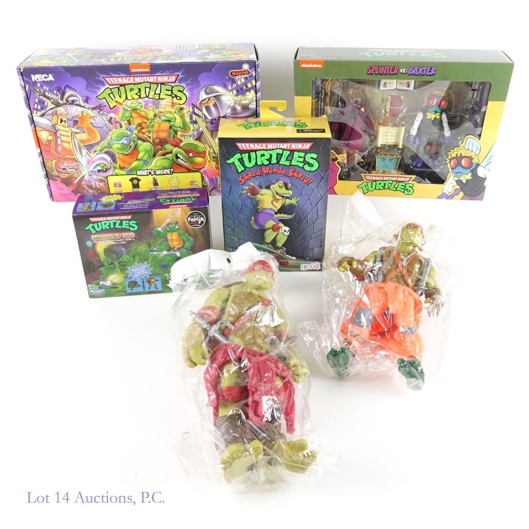 TMNT Neca, Nickelodeon & Bay Figures NIB (6): TMNT Neca, Nickelodeon & Bay Figures NIB (6). Lot of Teenage Mutant Ninja Turtles items, all considered New In Box with varying states of shelf wear. Nickelodeon Splinter vs. Baxter set. Neca, Stern P