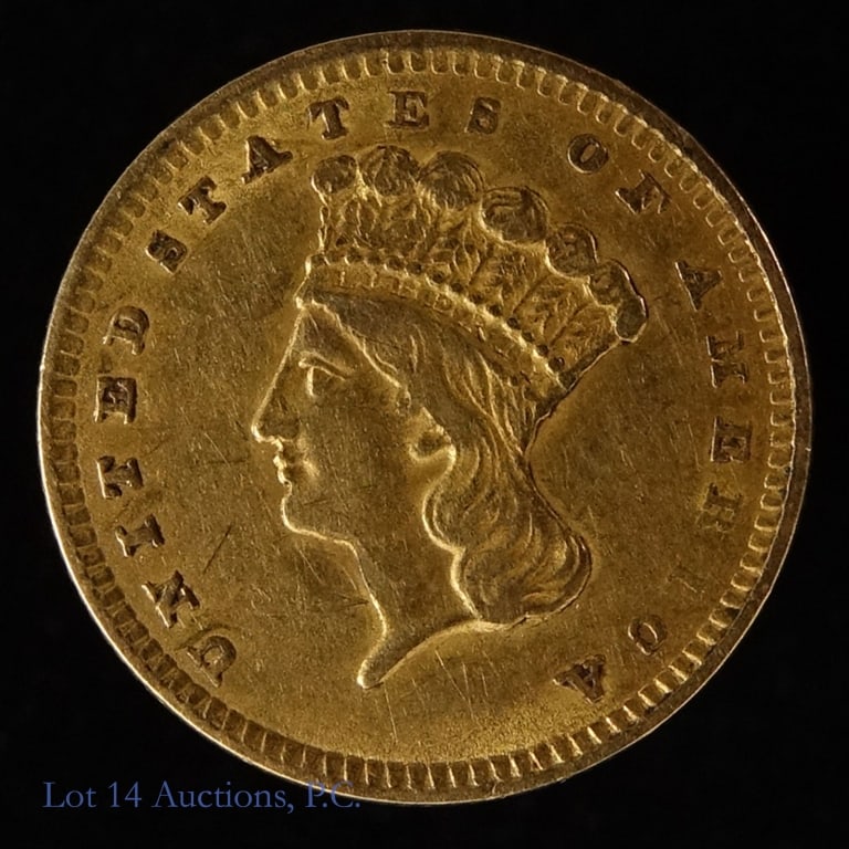 1856 USA Indian Head Gold Dollar Coin: 1856 United States gold Indian head princess, large head dollar (Philadelphia Mint) type III slant five variety. Designer James Barton Longacre. A classic small denomination gold coin. Per Whitman 202