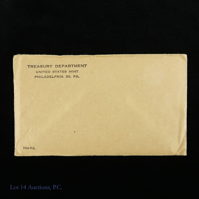 1960 (P) USA Silver Proof 5-Coin Set - SEALED: 1960 (P) United States silver 5-coin proof set in sealed OGP (Philidelphia Mint), unopened after 65 years. Franklin half dollar, Washington quarter and Roosevelt dime's metal are 90% silver. Mintage 1