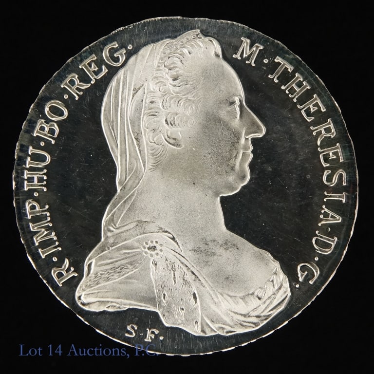 "1780" Vienna Silver Maria Theresa Thaler (GEM PR): RESTRIKE - "1780" Silver Maria Theresa Thaler. Per consigner, try to find a nicer piece with more mirror like surfaces than this one. Grades GEM proof. Originally struck in Austria between 1740 and 17