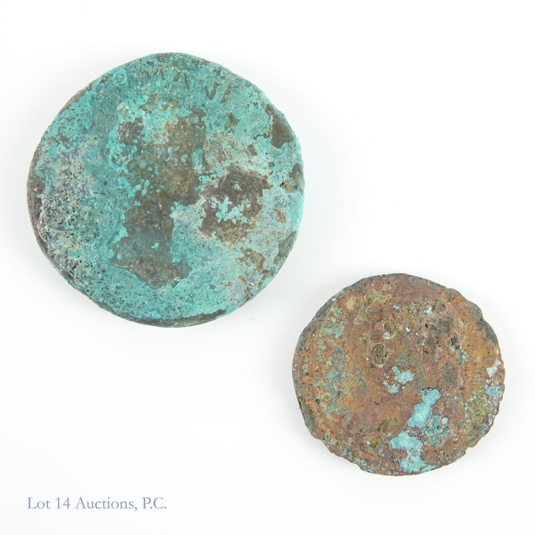 50 - 54 AD Claudius & Unknown Roman Coins (2): Two (2) difficult to read Roman coins as follows: ---(50-54 AD) Claudius sestertius (Rome Mint). Obverse has "Agrippina M F Germanici Caesaris (bust of Agrippina the Elder, bare headed, draped, right 
