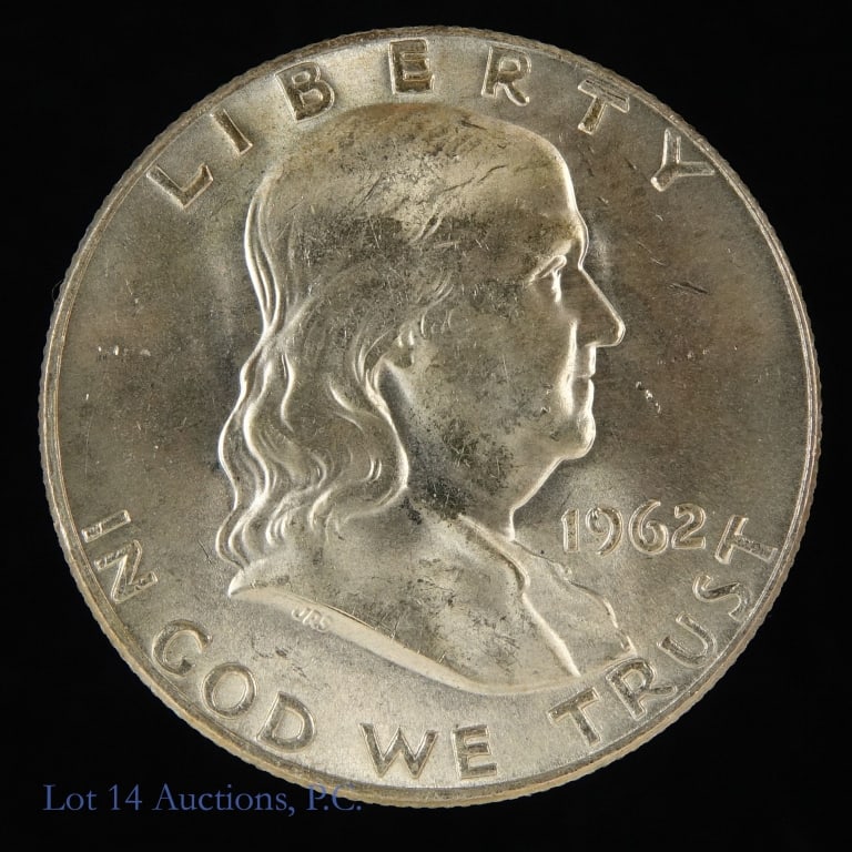 1962-D Silver Franklin Half Dollars (GEM-BU): 1962-D silver Franklin half dollar (Denver Mint). Designer John R. Sinnock. Per consigner, beautiful coin with few contact marks that grades GEM-BU. Metal is 90% silver, weighs 12.5 grams and diameter