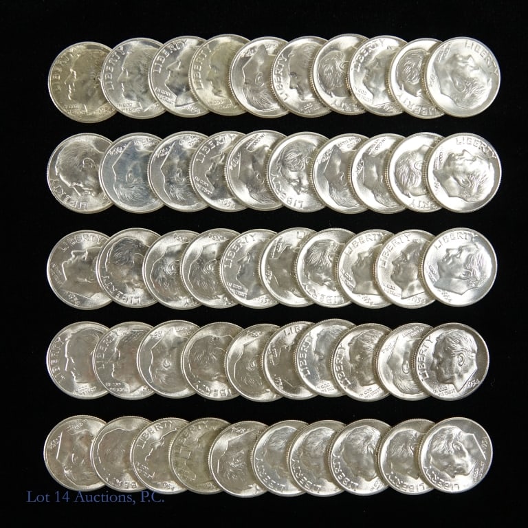 1954-S USA Silver Roosevelt Dime Roll (CH BU) -50: 1954-S United States Roosevelt dime 50-coin roll (San Francisco Mint) in square plastic holder. Designer is John R. Sinnock. Per consigner, grades CH BU. Metal is 90% silver, weighs 2.5 grams and diam