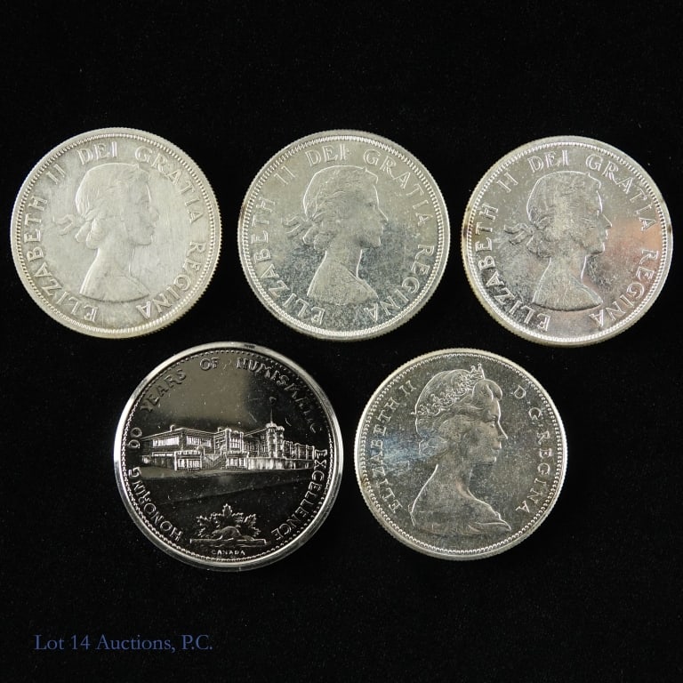 1958 - 1968 Canada Silver & Clad Dollars (5): Five (5) Canada silver and clad dollars (Royal Canadian Mint). Silver coins are 80% silver, weigh 23.33 grams (ASW 0.60 ozt.) each coin. Clad coin is made of nickel. Details as follows: ---1958 80% si