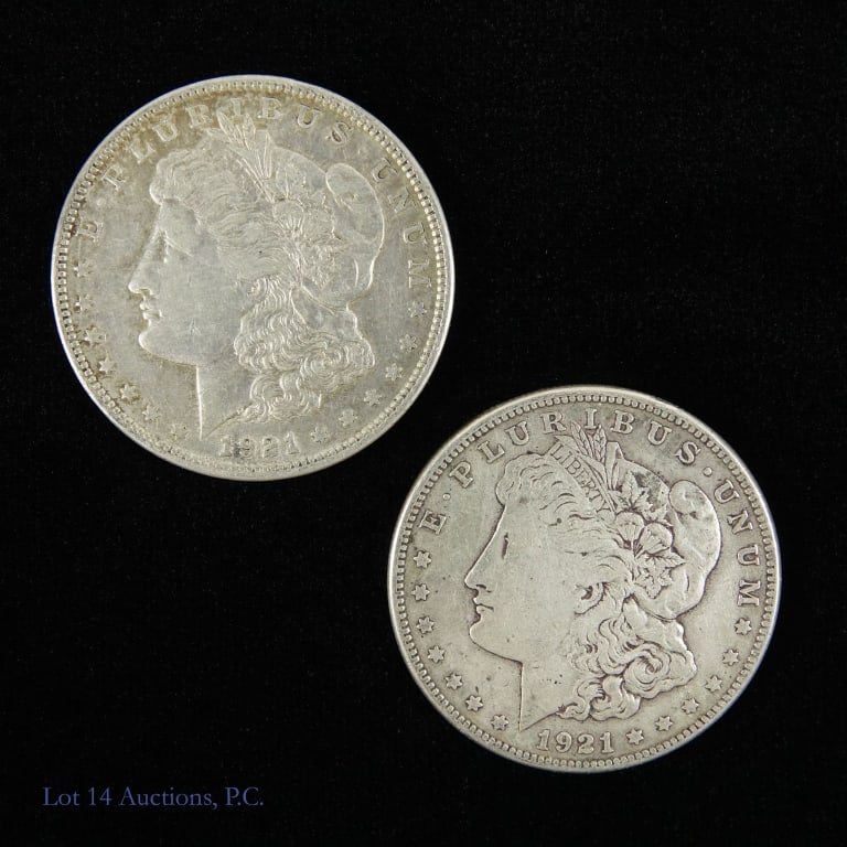 1921-D & S USA Silver Morgan Dollars (2): 1921 D & S United States silver dollars (Denver, San Francisco Mints). Designer is George T. Morgan. (NOTE: the 1921-D is the only original Morgan dollar series with a "D" mint mark. It was only minte