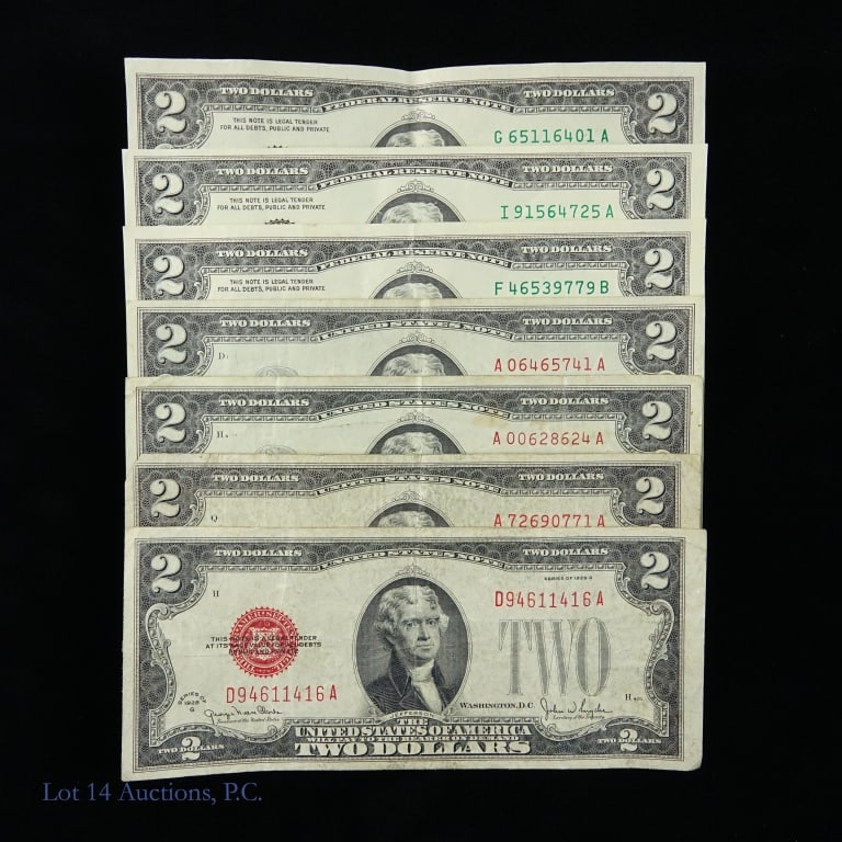 1928 - 2003 $2 Legal Tender & Fed. Resrv Notes -7: Seven (7) various United States $2 legal tender (red seal) and Federal Reserve notes (green seal) as follows: ---series 1928-G $2 legal tender note red seal s/n D-94611416-A (full house three 1s, two 